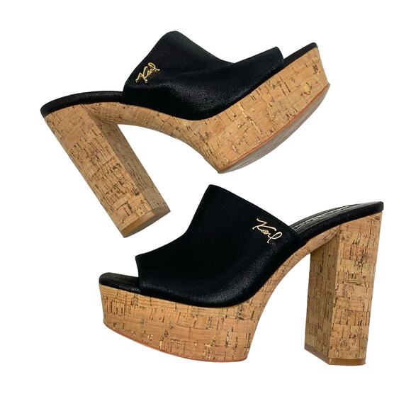 Karl Lagerfeld Paris | Henlsey Black Leather Cork Platform Block Heel Sandals - Picture 1 of 11